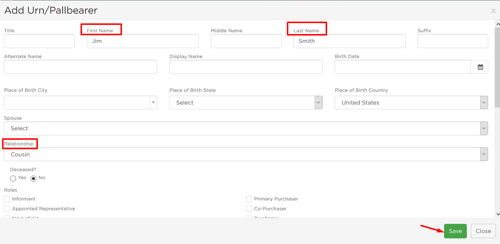 Name and relationship fields. Save.