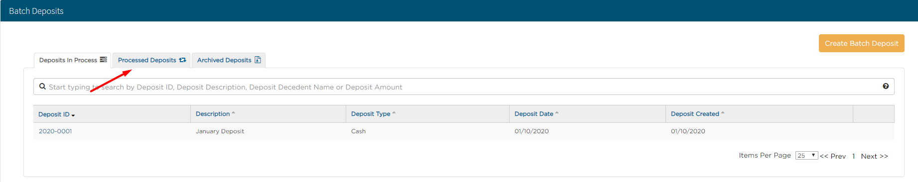 Processed Deposits tab