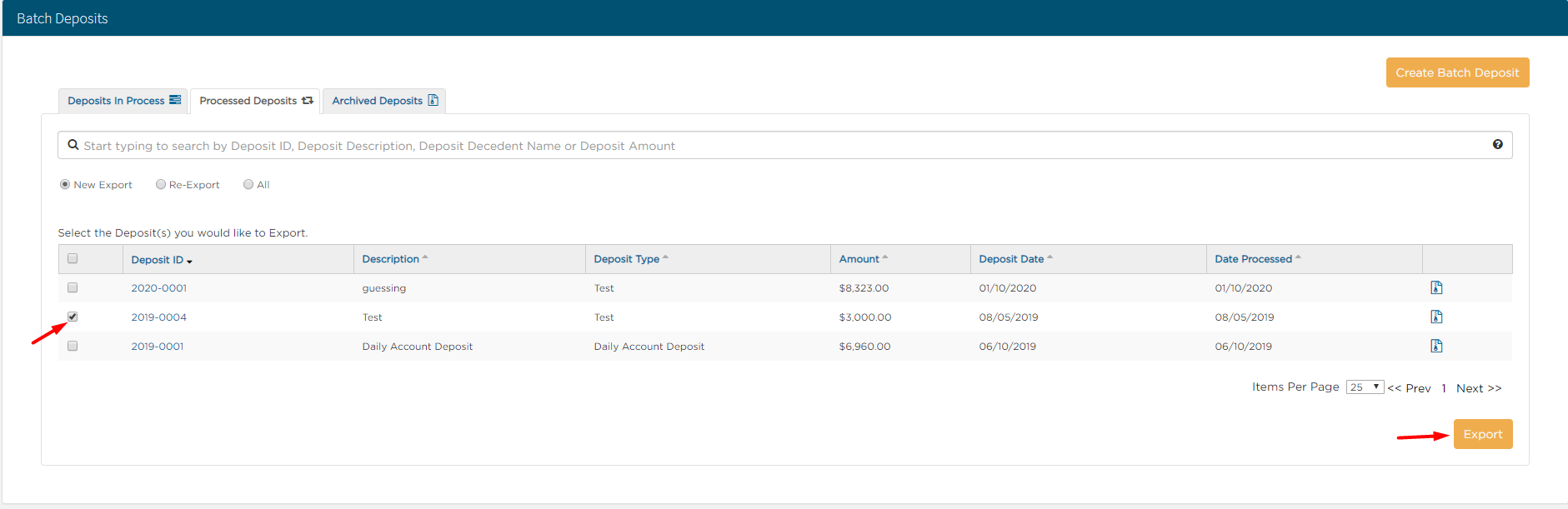 select checkboxes of which deposits you want to export