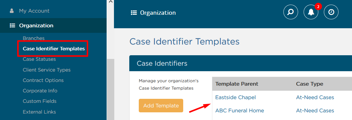 Case Identifier Templates page