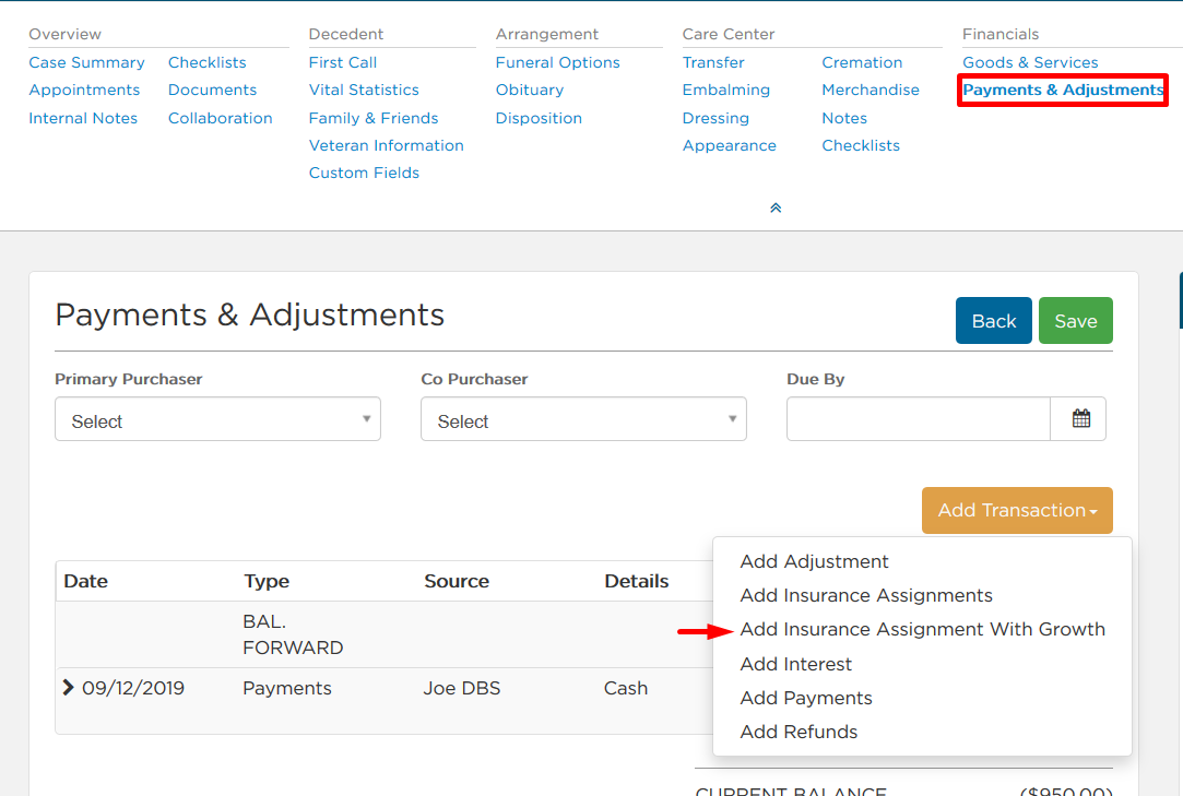 Payments & Adjustments page