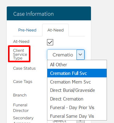 Client service type dropdown