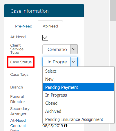 Case status dropdown