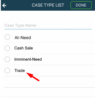 Case type list, select Trade