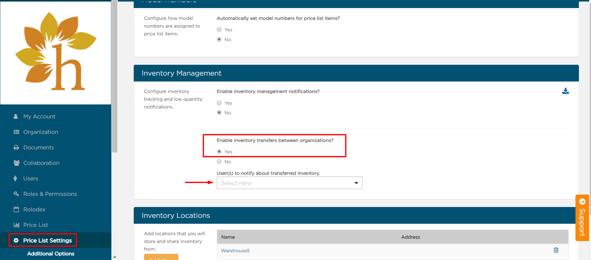 Under Inventory Management in Price List settings,  select who is notified of transferred inventory