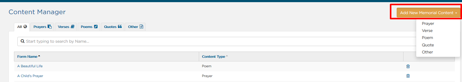 Add New Memorial Content button drop-down