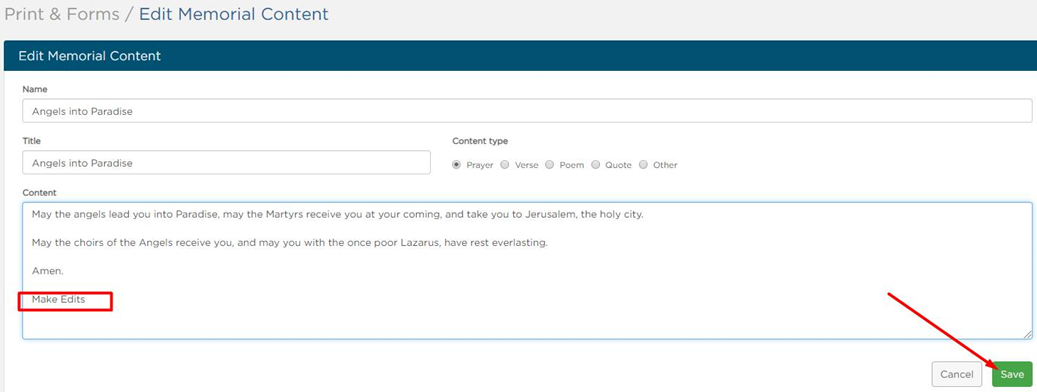 Edit Memorial Content fields