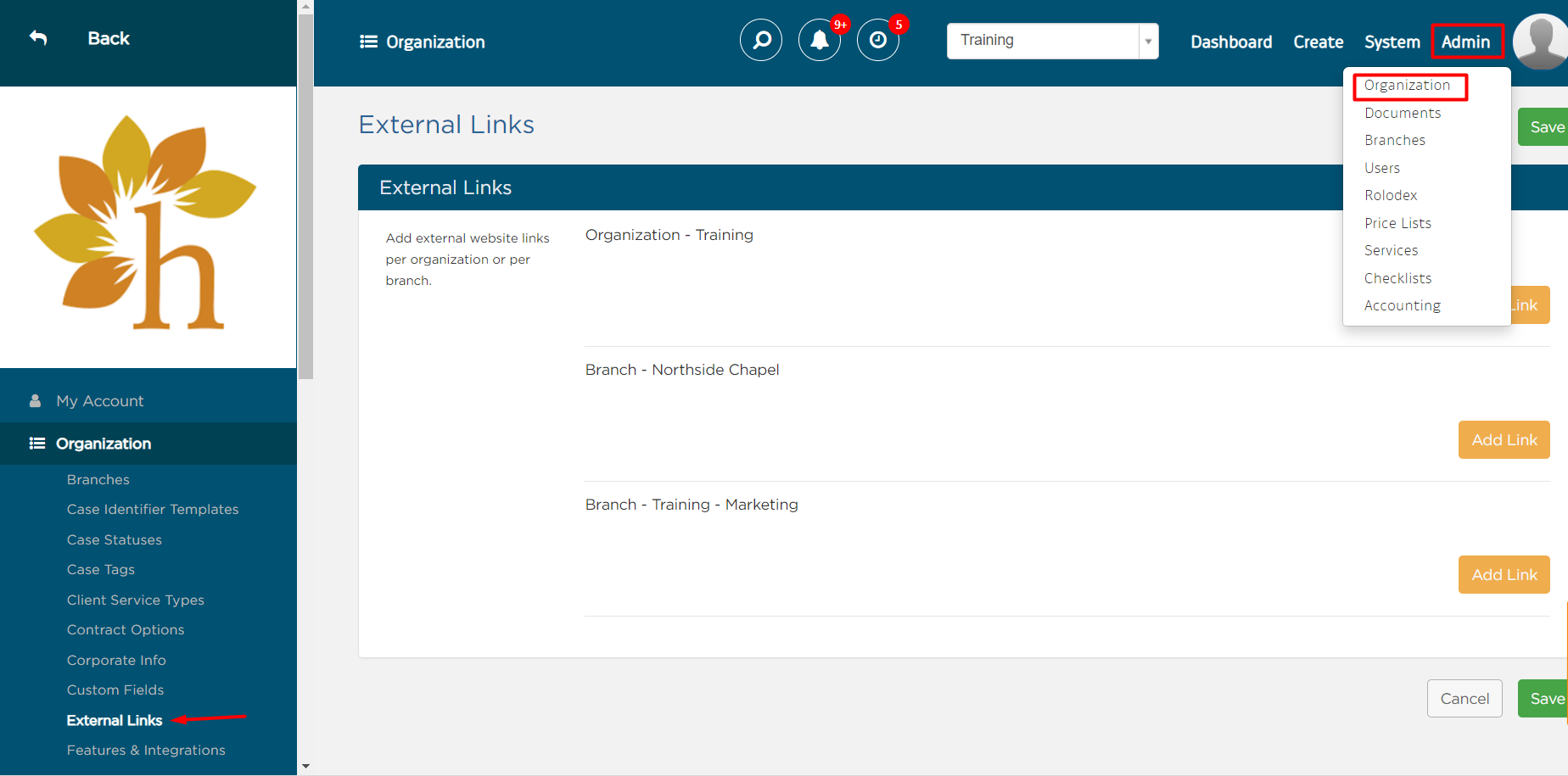 Organization under Admin tab dropdown, select External Links in sidebar