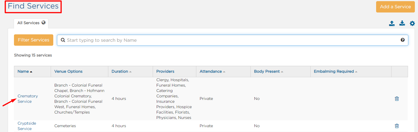 Find Services section