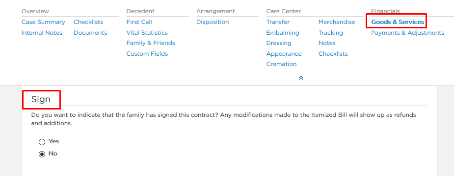 Sign section on Goods & Services page under Financials