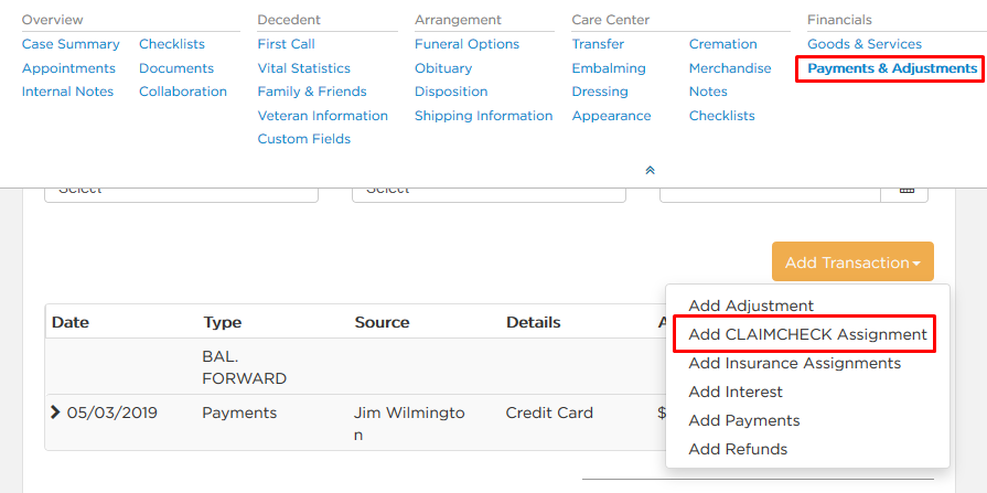 Select Add CLAIMCHECK Assignment from Add Transaction button dropdown
