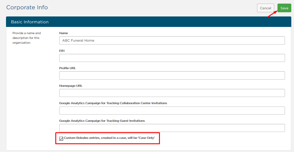 Basic Information fields on Corporate Info tab