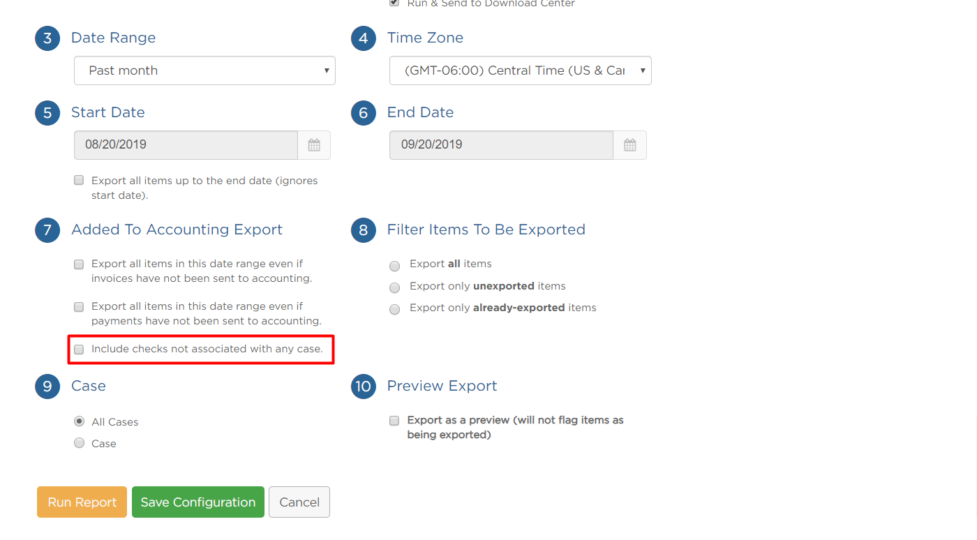 checkbox for Include checks not associated with any case.