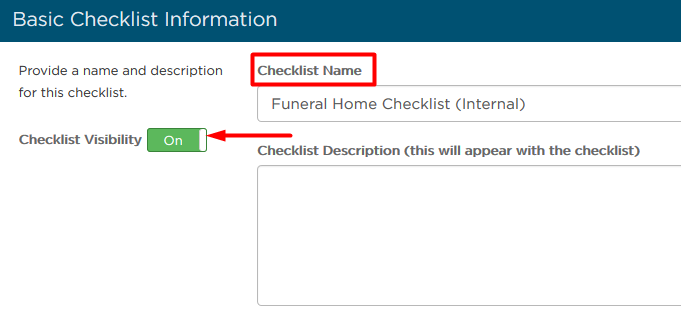 Checklist Name field and Checklist Visibility "On" button
