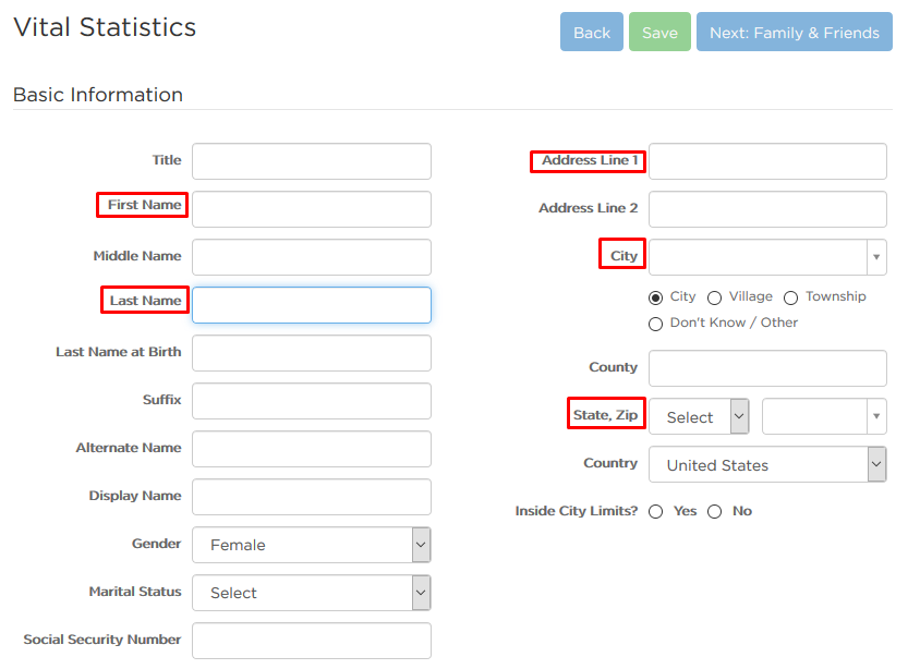 Vital statistics fields