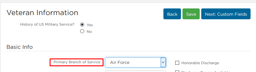 Primary Branch of Service option in Veteran Information section