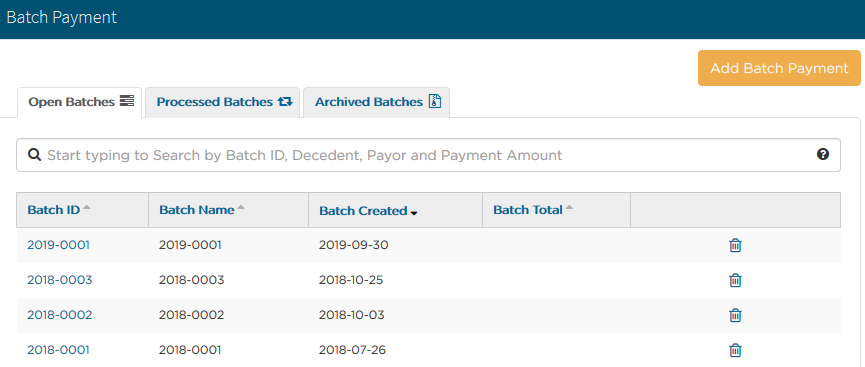 Batch Payments section