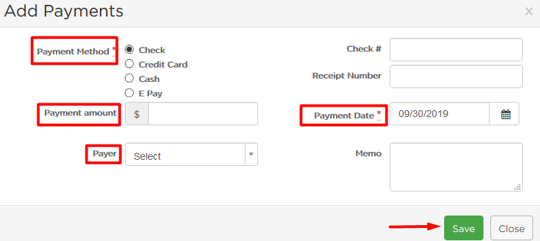 Add Payments pop-up