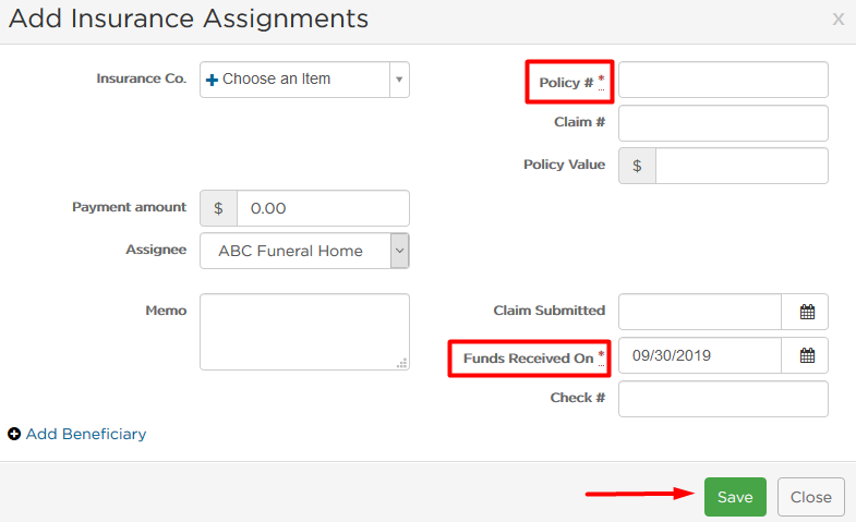 Add Insurance Assignments pop-up