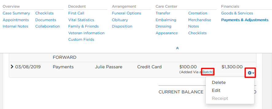 Edit a payment on a batch or delete through settings icon