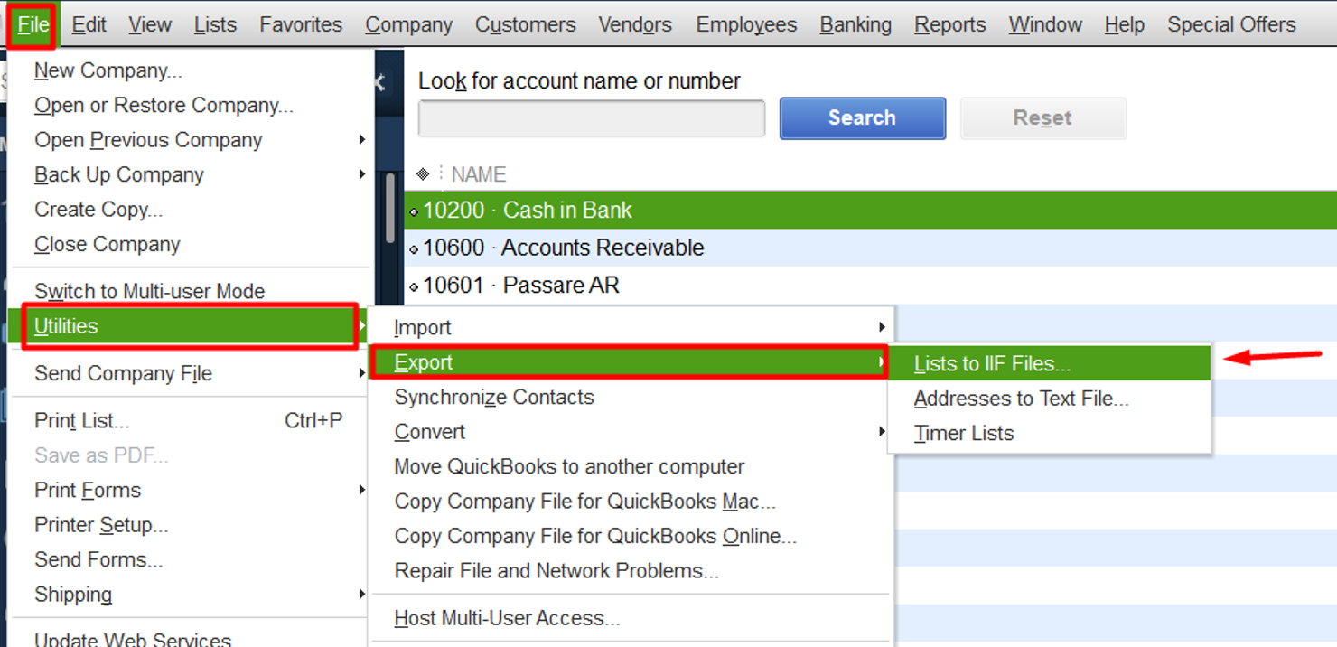 Export QuickBooks Chart of Accounts