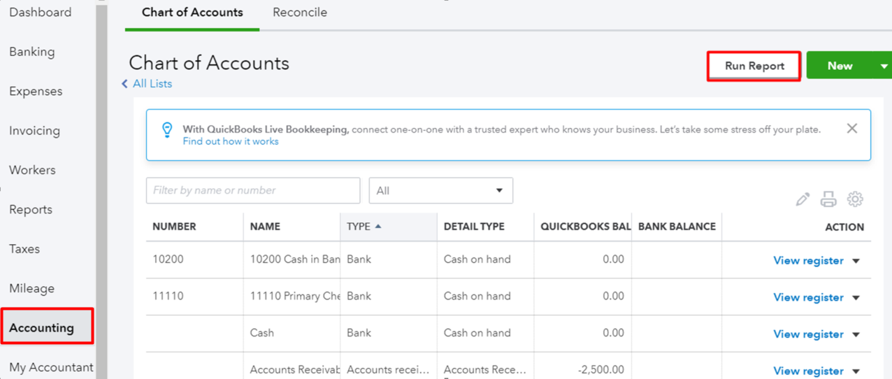 QuickBooks Chart of Accounts 