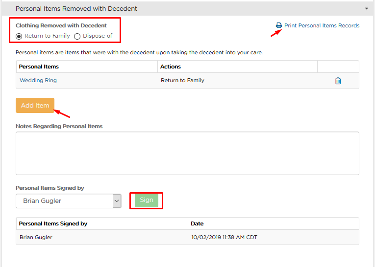 Personal Items Removed with Decedent options