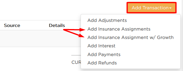 Add Transaction button drop-down options