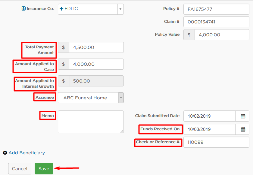 Insurance payment fields