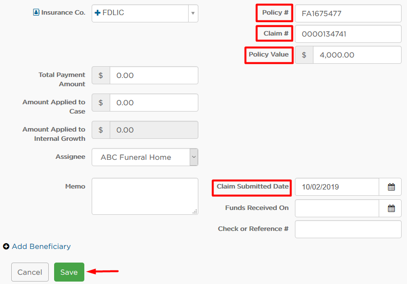 Insurance policy and claim fields