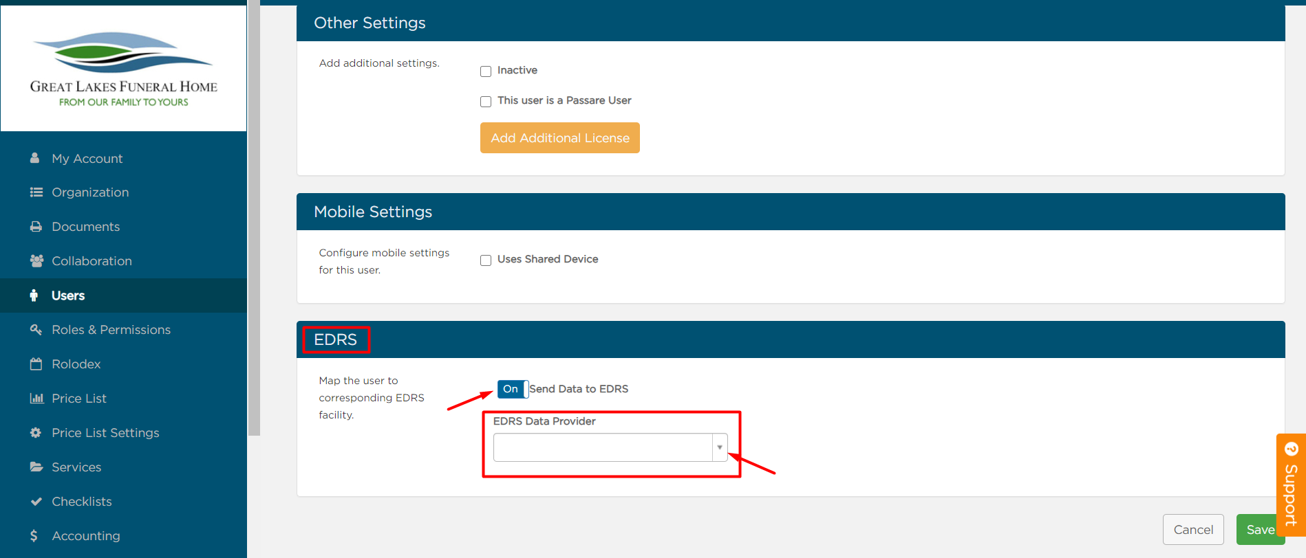 Send Data to EDRS toggle