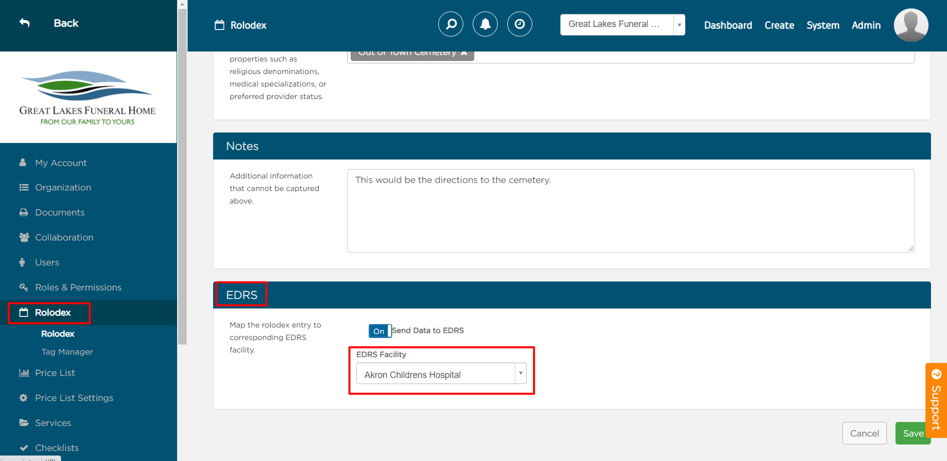 EDRS Facility drop-down