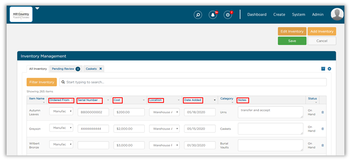 Inventory Management page