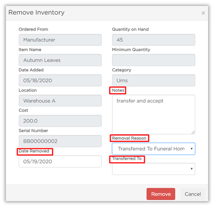Remove Inventory pop-up box