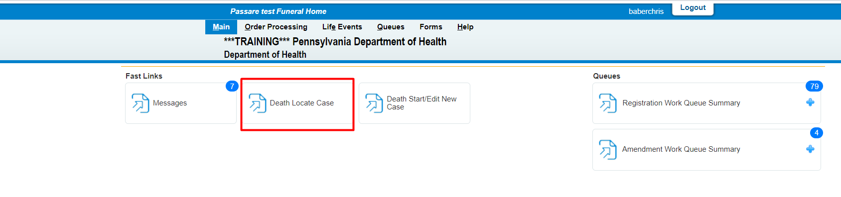 Selecting death locate case button