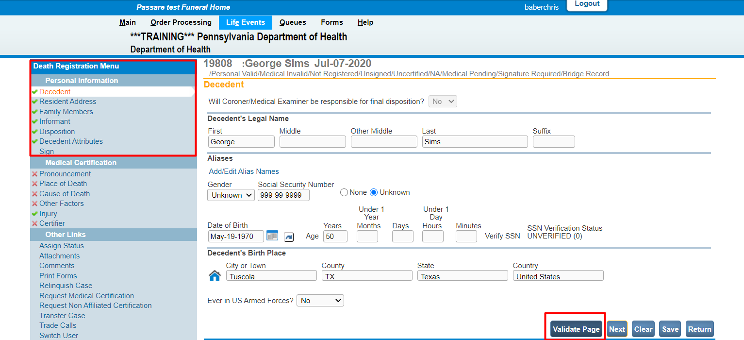 Select validate page