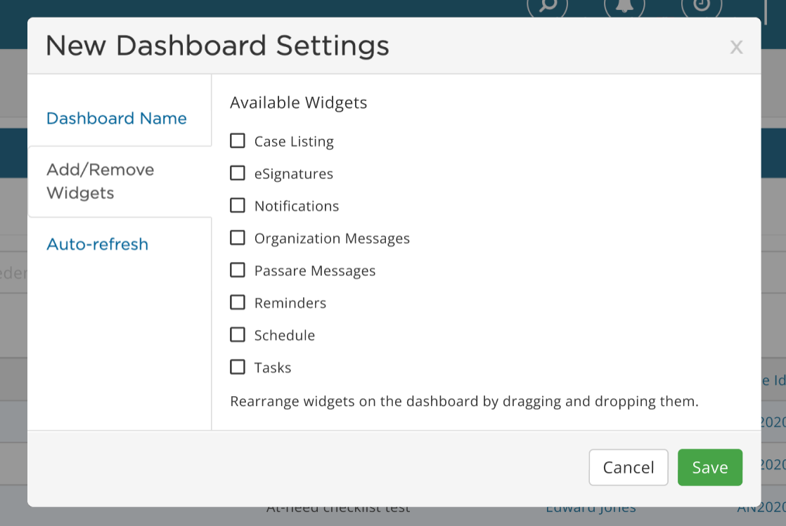 Available widgets in New Dashboard Settings modal