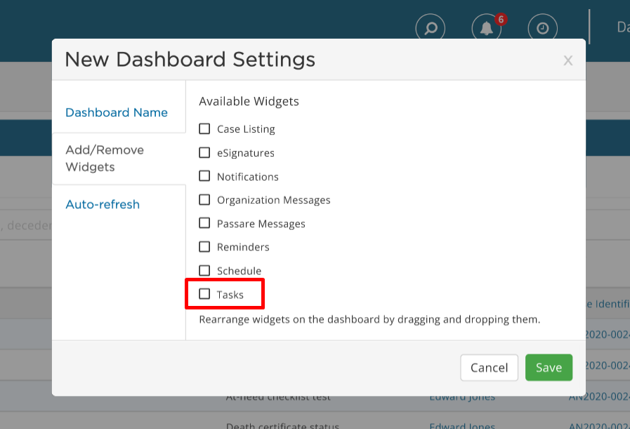 Tasks widget in dashboard settings
