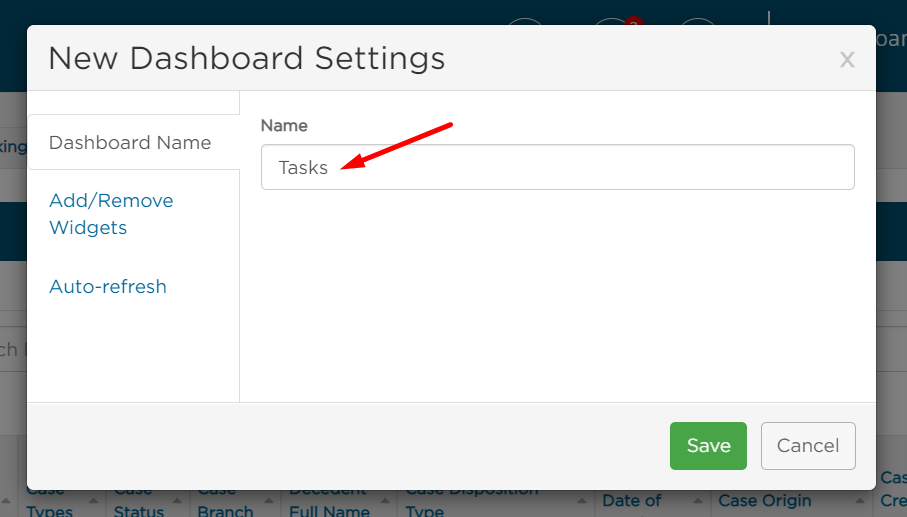 Name dashboard in dashboard settings