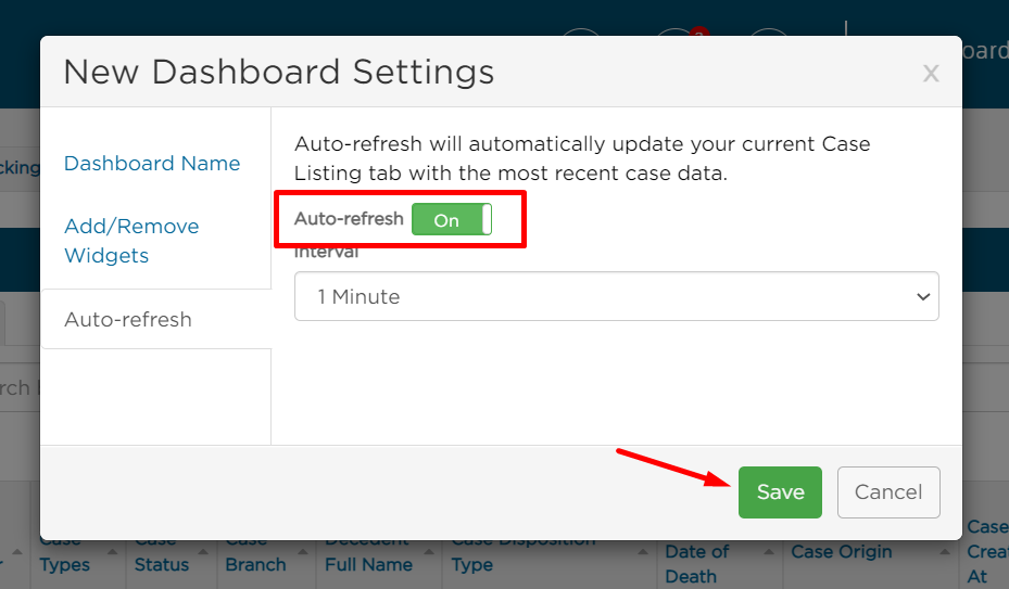 Auto-refresh setting in dashboard settings