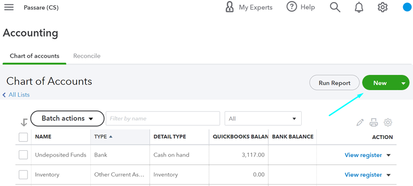 New button in QuickBooks