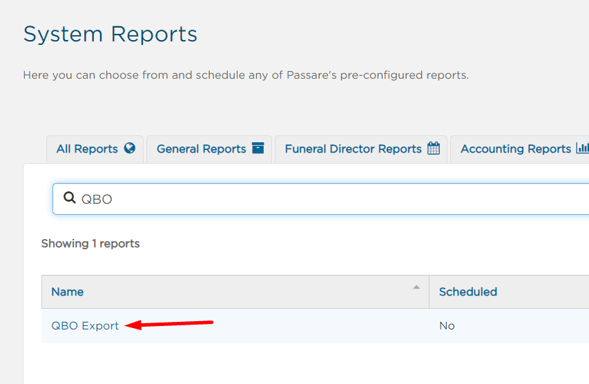 Search for QBO Export in System Reports