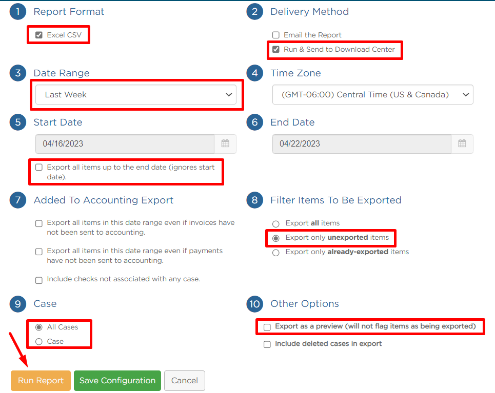 Report settings for QBO export