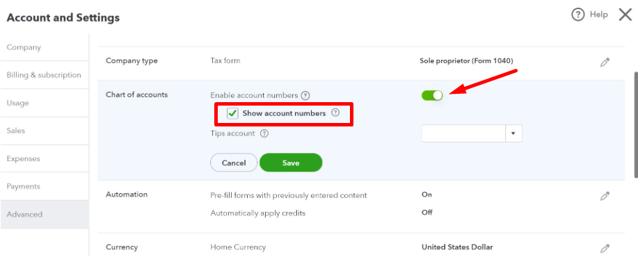 Turn on account numbers in QuickBooks