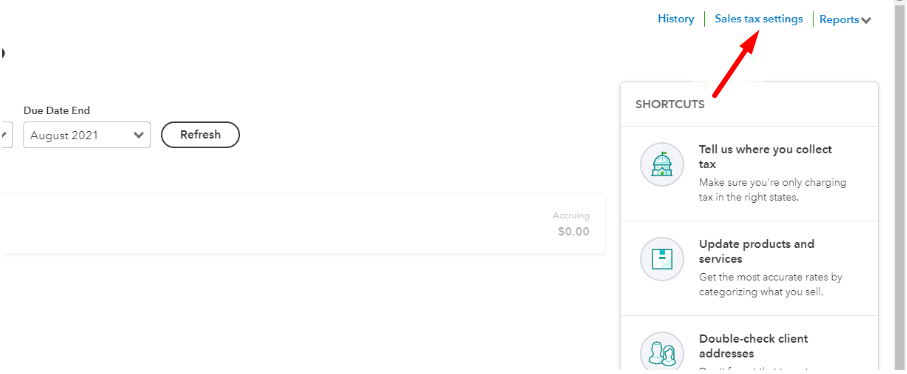 Sales Tax Settings option in QuickBooks