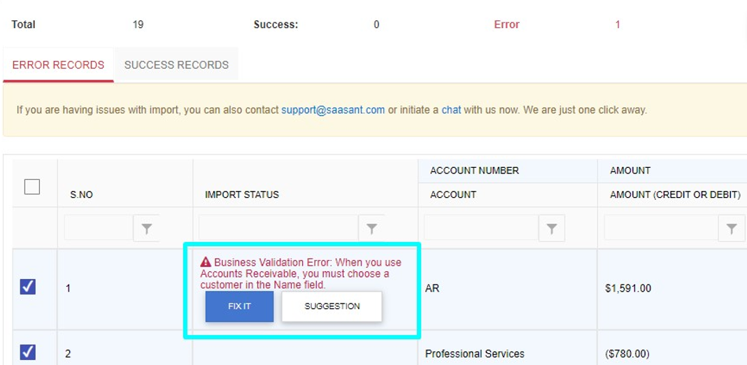 Accounts receivable error message