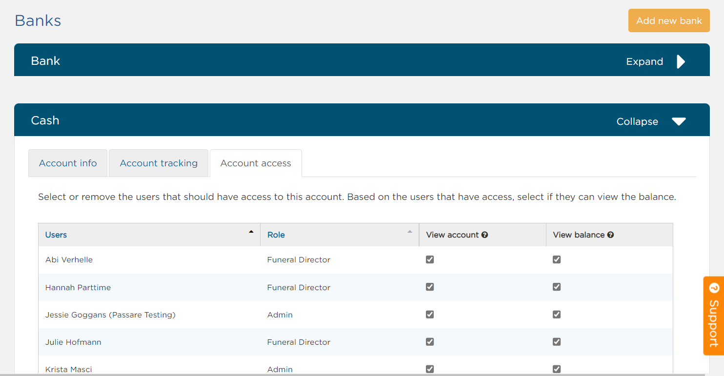 Select financial permissions per user in the Account access tab