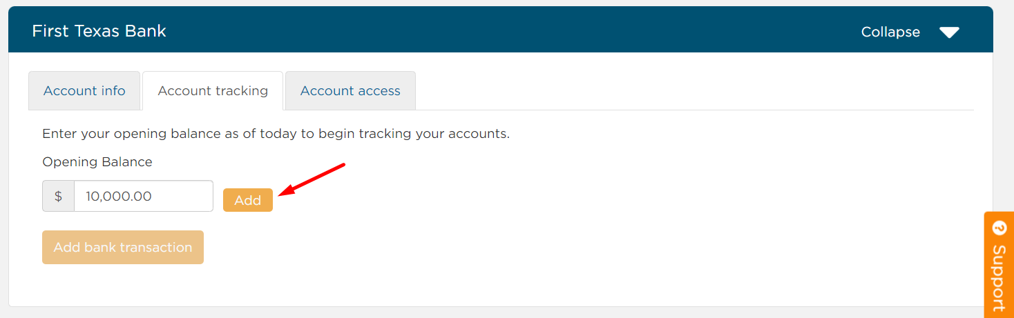 Enter the bank account beginning balance under Account tracking tab