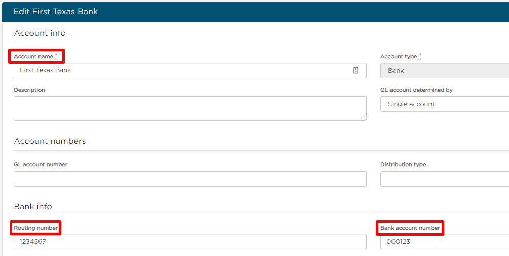 Add in bank details, including account name, routing number, and bank account number