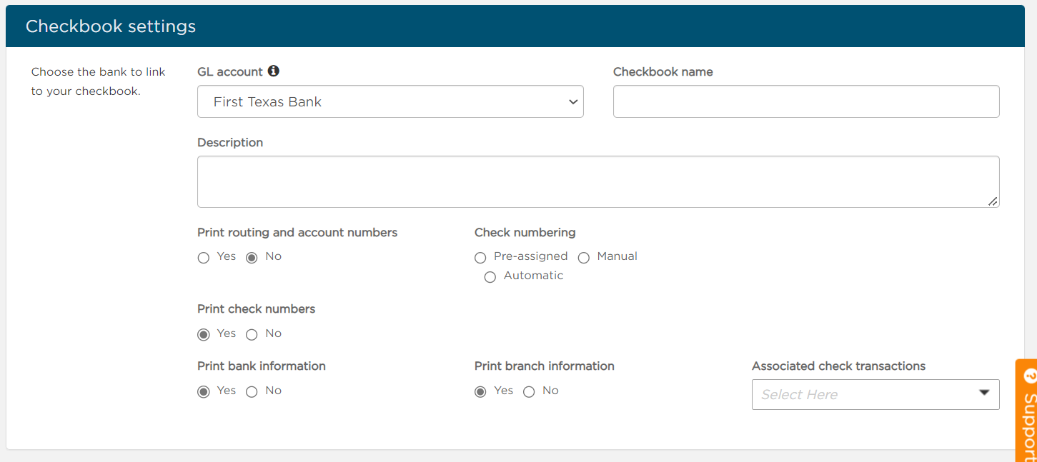 Enter in Checkbook details and preferences